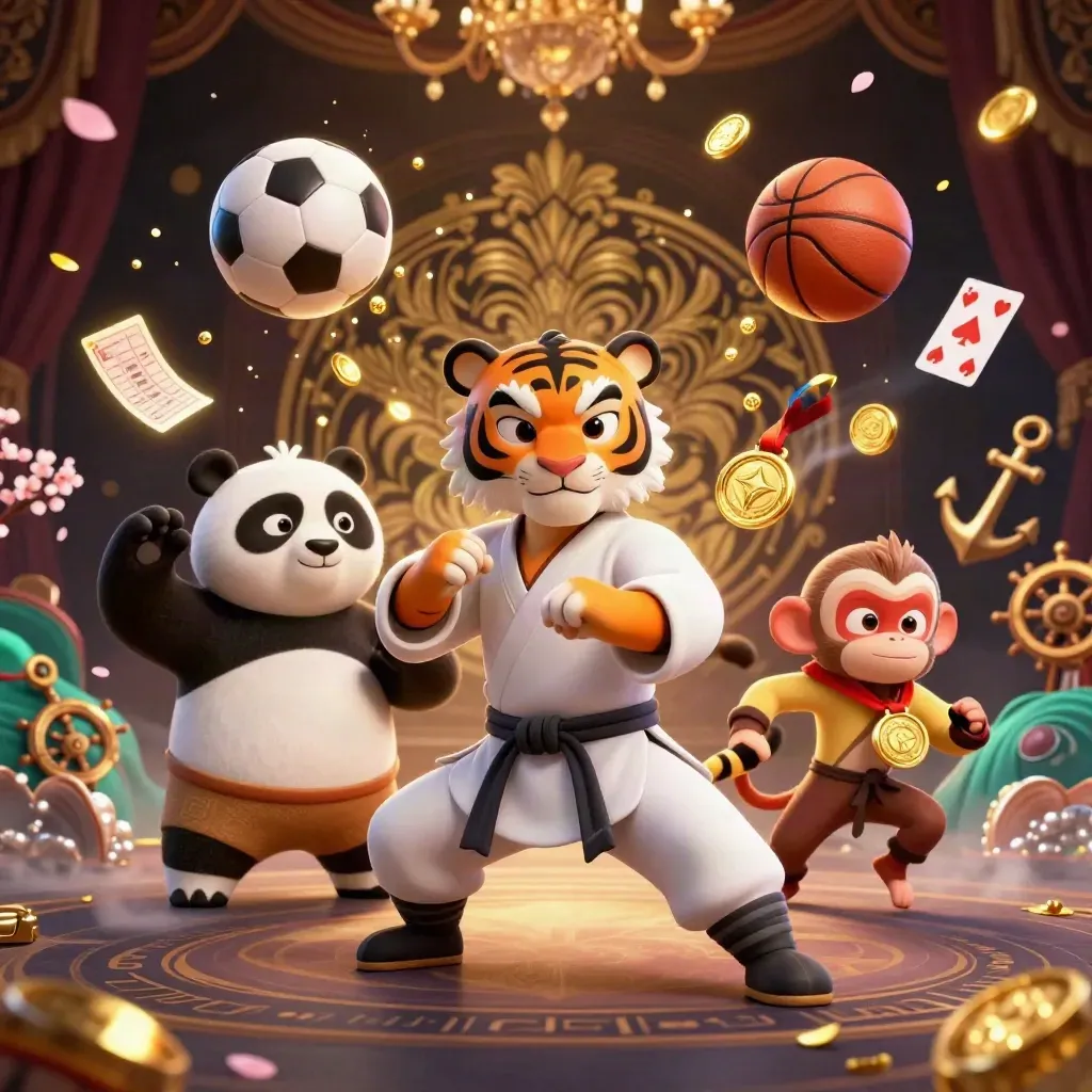 Kung-fu tiger, panda, and monkey amid treasure cove sports props and gold spray