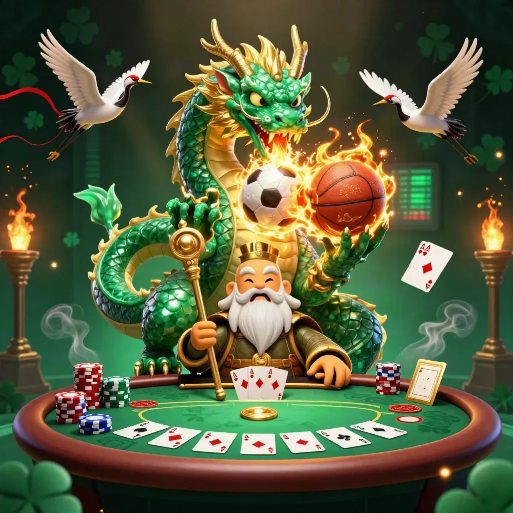 Emerald dragon, turtle sage and cranes amid poker chips, cards and sports balls in casino glow.