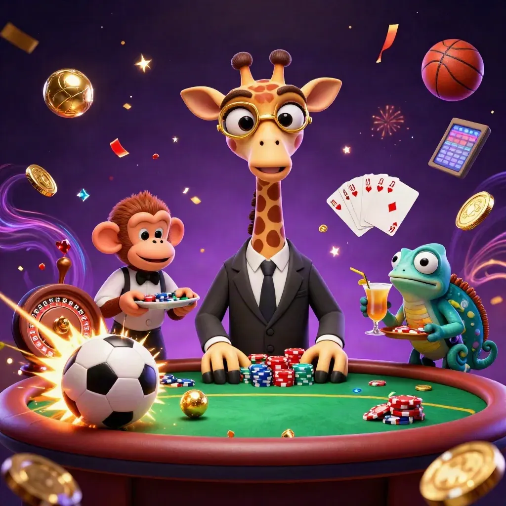 Giraffe, monkey, and chameleon at a poker table amid flying coins, cards, and a soccer ball.