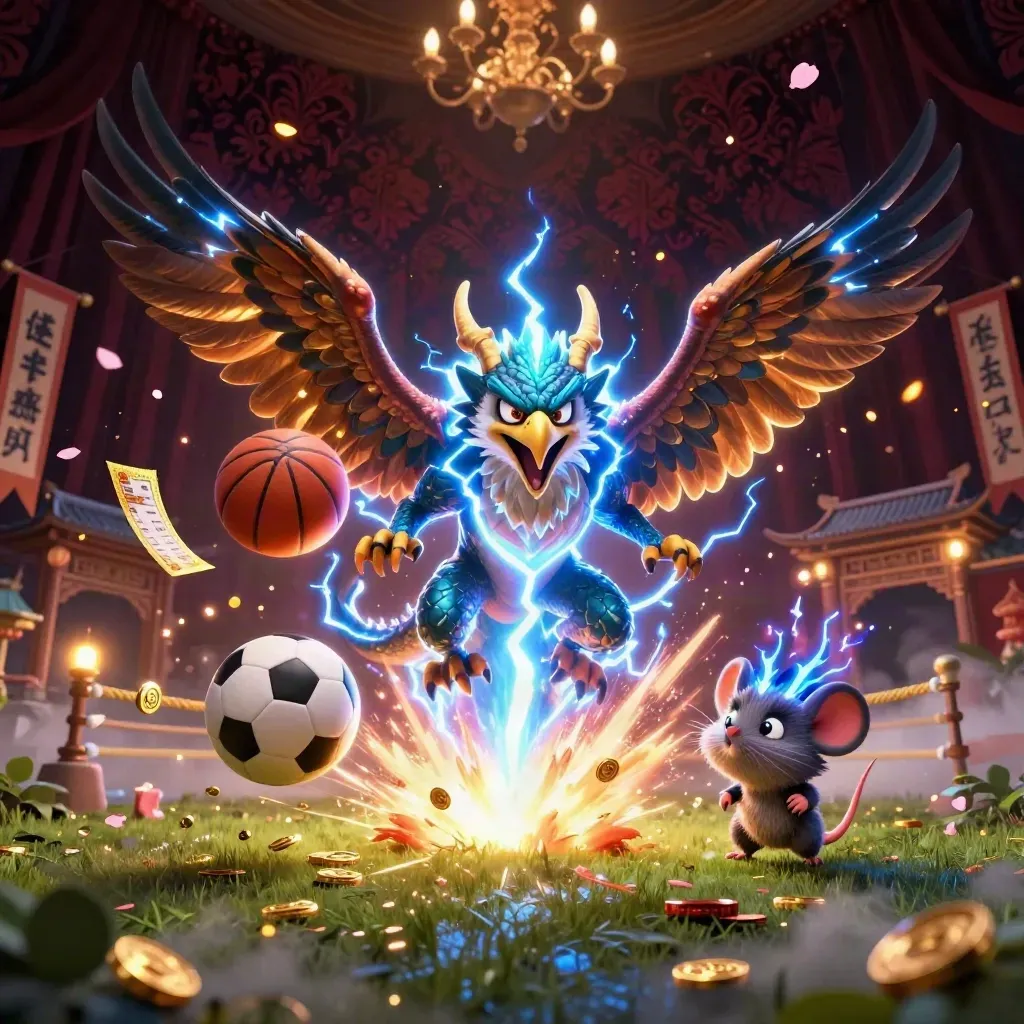 Thunder dragon, hawk and mouse amid flying balls, coins, lightning and casino fantasy treasure glow.