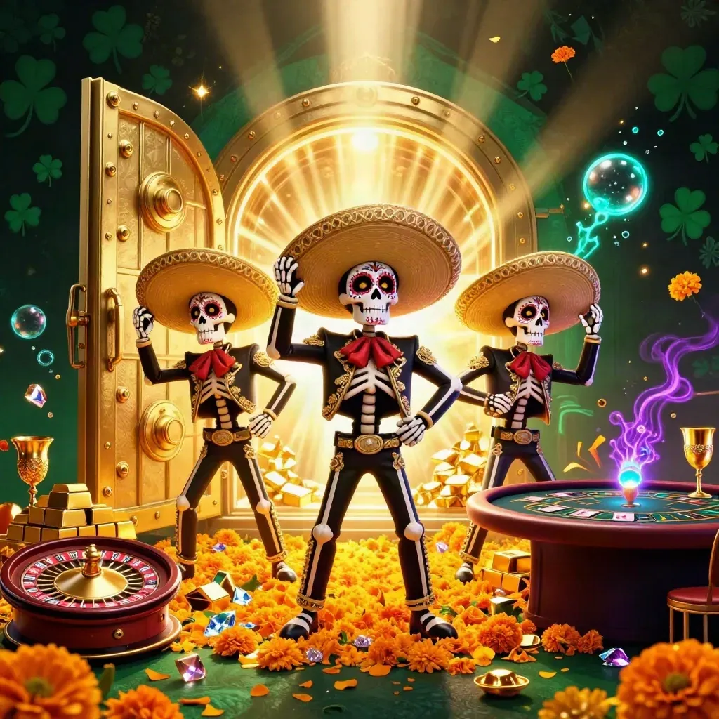 Skeleton mariachi trio amid treasure vault, gold, gems, roulette wheel, glowing casino light