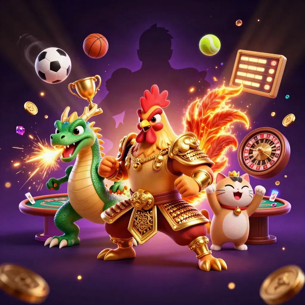Rooster warrior, dragon hatchling, and fortune-cat amid casino props, balls, coins, and glowing lights.