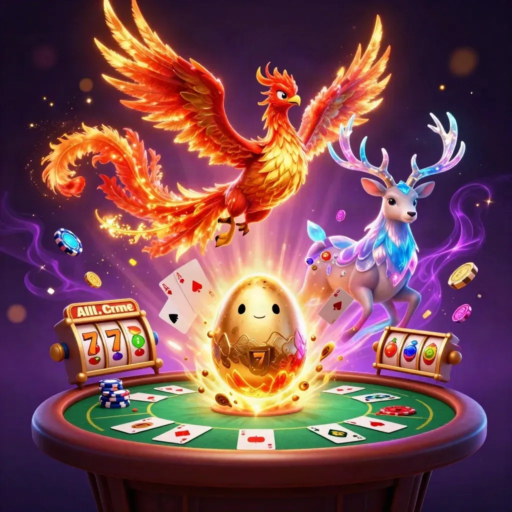 Fire phoenix, hatching baby phoenix, crystalline stag, and casino treasures in a luxe purple-gold burst.