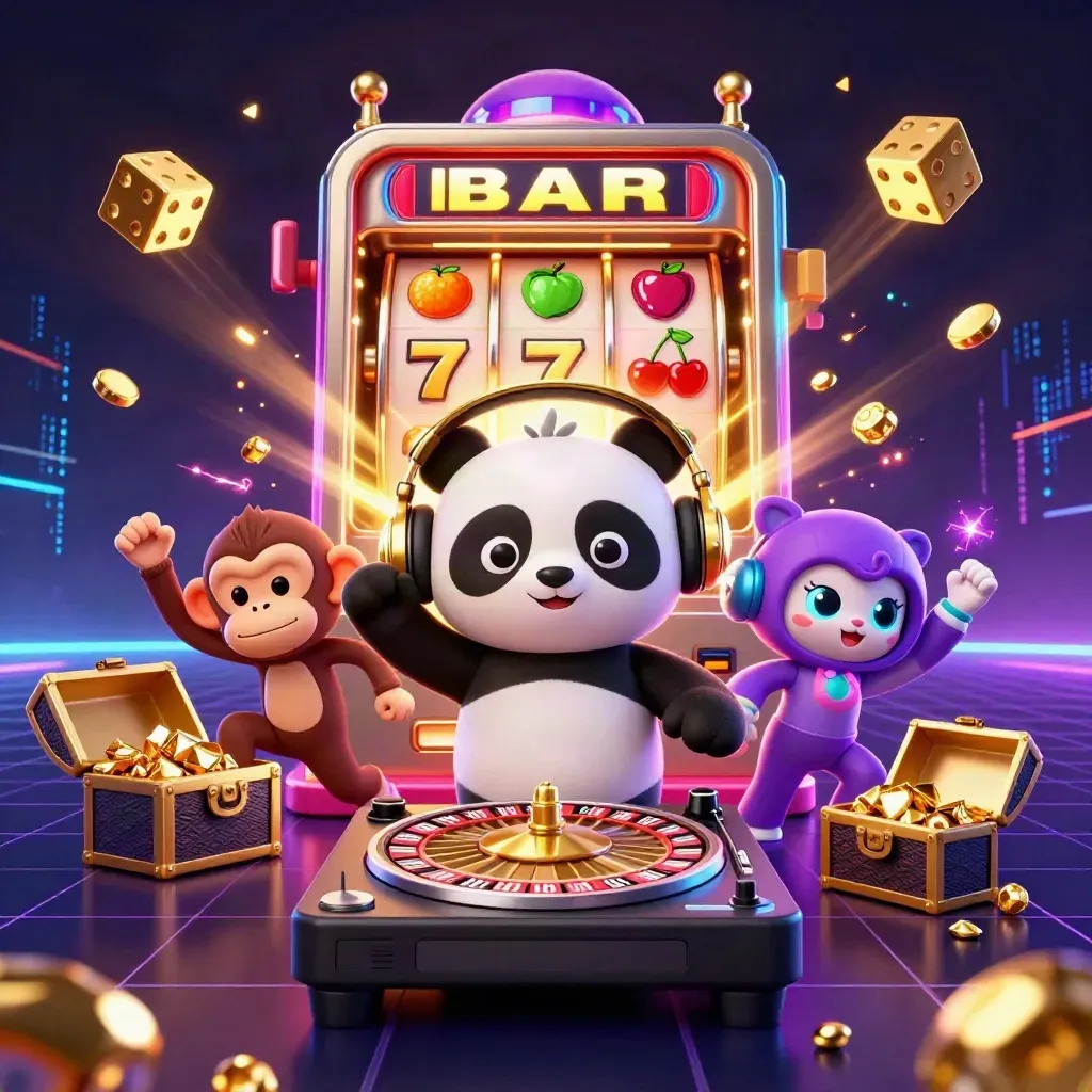 DJ panda, breakdancing monkey, and rave kitten burst from a jackpot slot in neon treasure chaos.