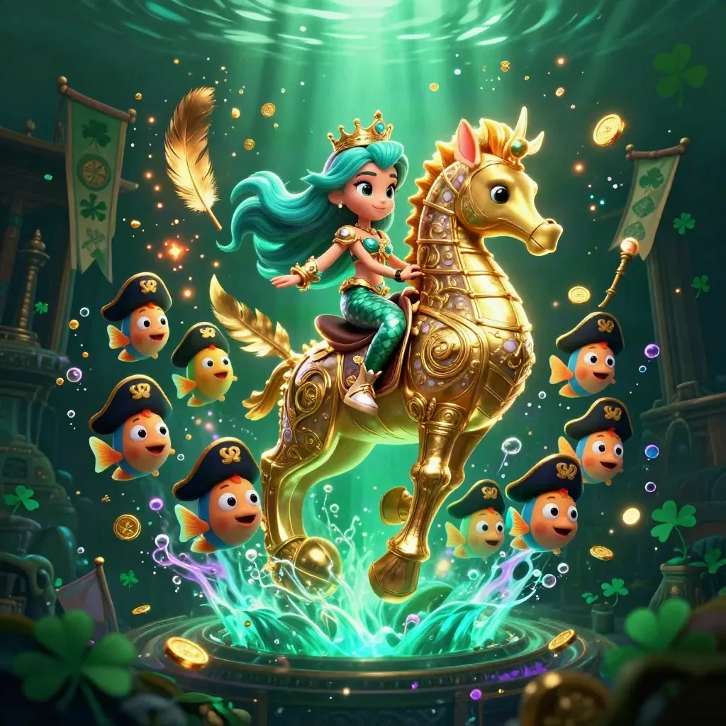 Mermaid princess on armored seahorse with pirate fish, coins, temple gate, emerald glow and treasure burst.