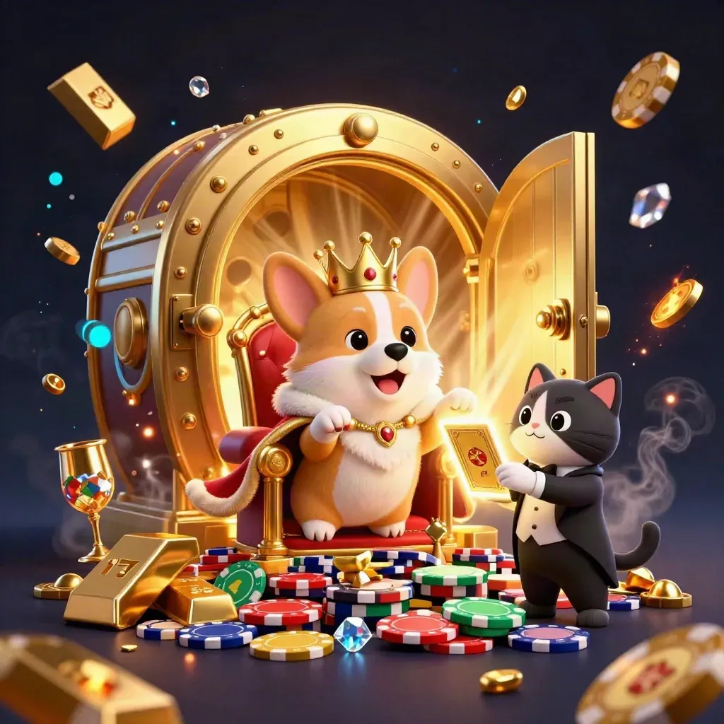 Corgi king and cat butler burst from a treasure vault with gold, gems, and neon light.