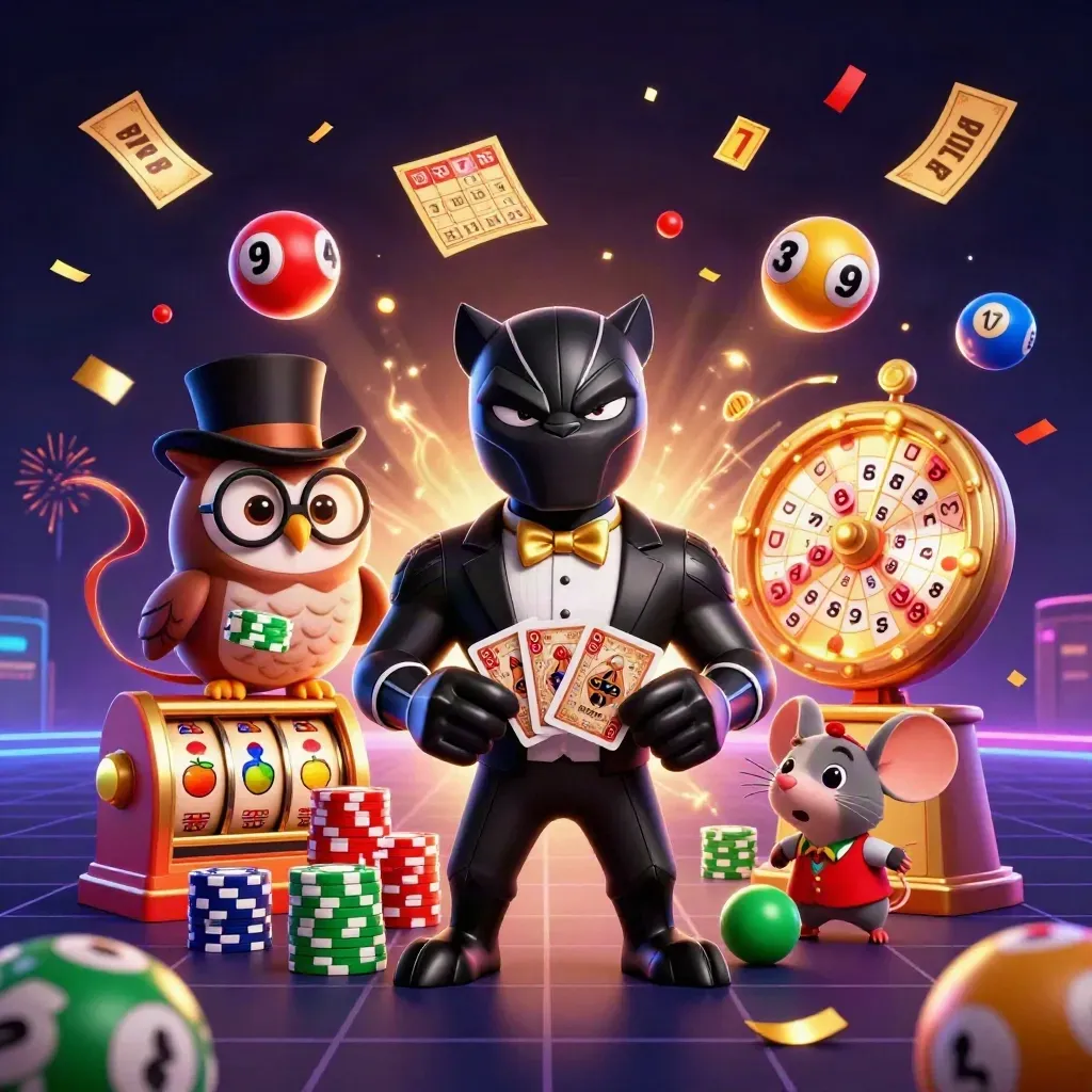 Panther, owl, and mouse casino heroes amid chips, reels, balls, fireworks, and glowing treasure effects