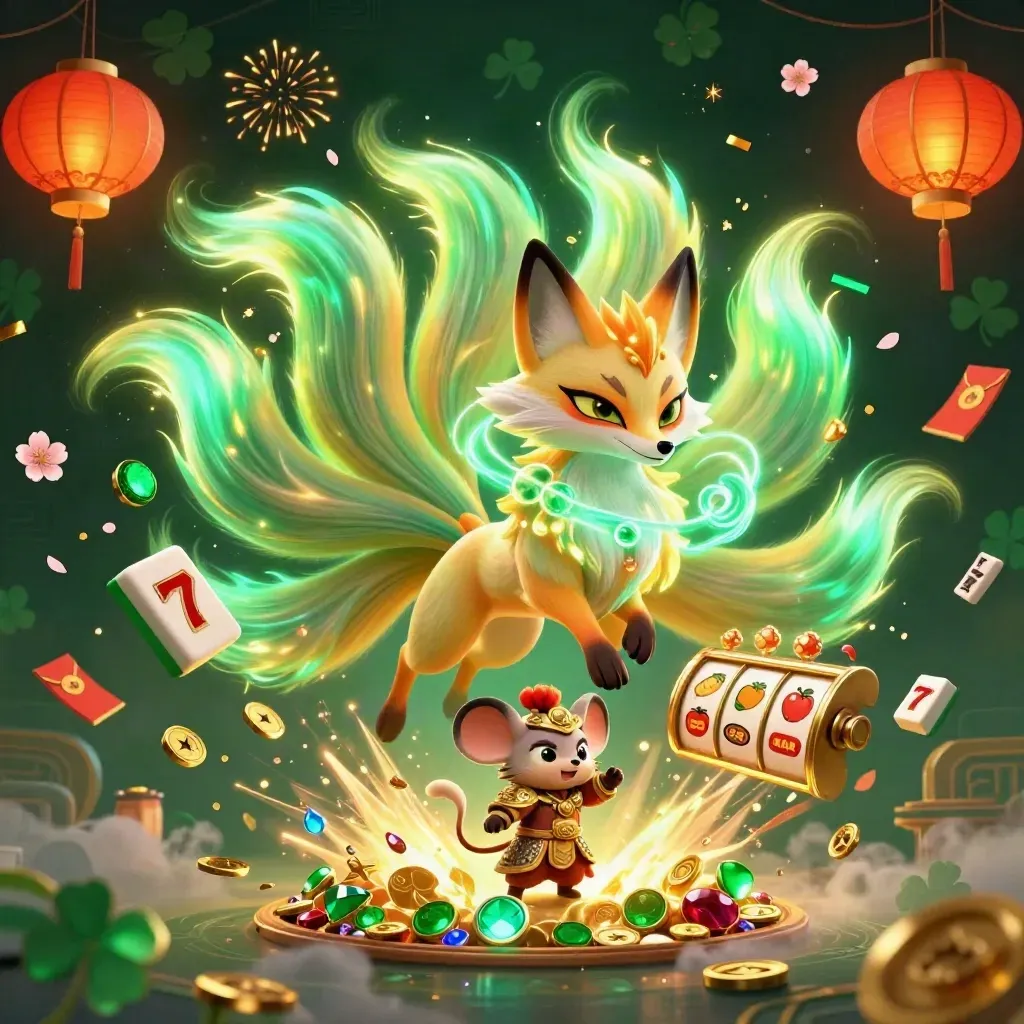Neon fox spirit and gold-armoured mouse amid treasure, tiles, lanterns, coins, and glowing runes.