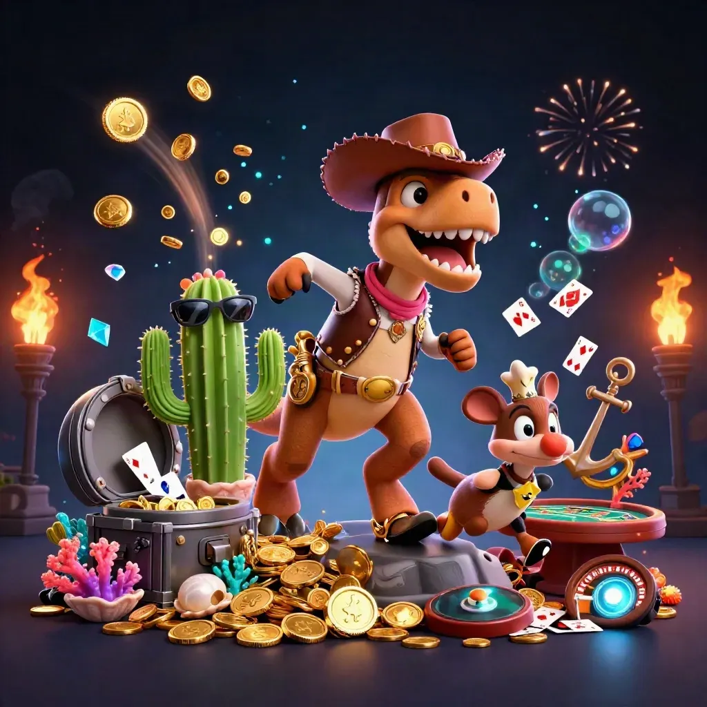 Cowboy T-Rex, cactus sidekick, and roadrunner amid casino treasure, coins, coral, and fireworks.