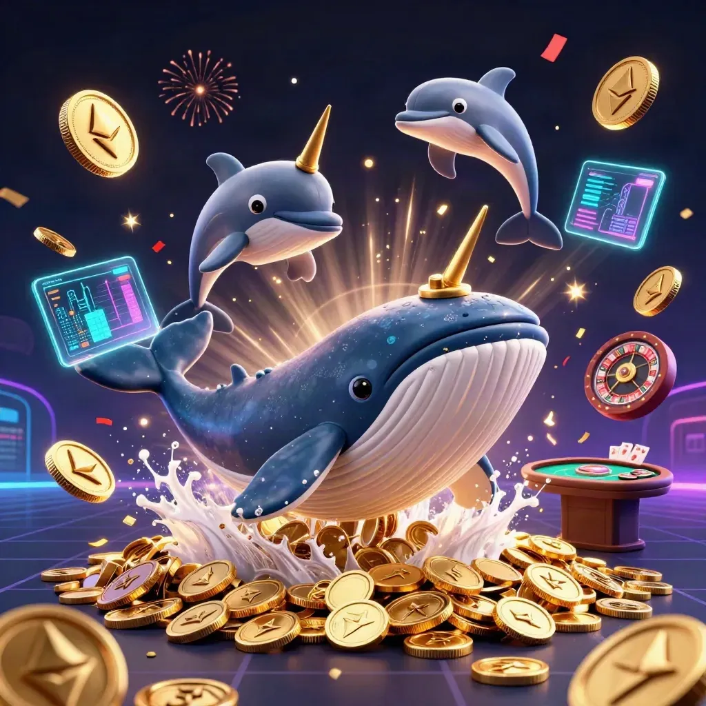 Whale captain, narwhal, and dolphins amid coins, fireworks, and casino treasures