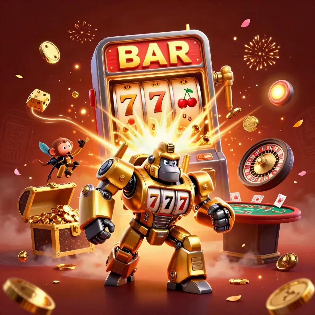 Golden gorilla mech with monkey pilot amid casino treasure burst, coins, slots, roulette, cards, fireworks.