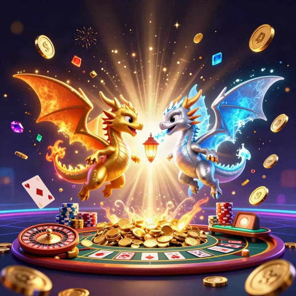 Gold and silver dragons burst from a treasure vault amid coins, chips, cards, and casino lights.