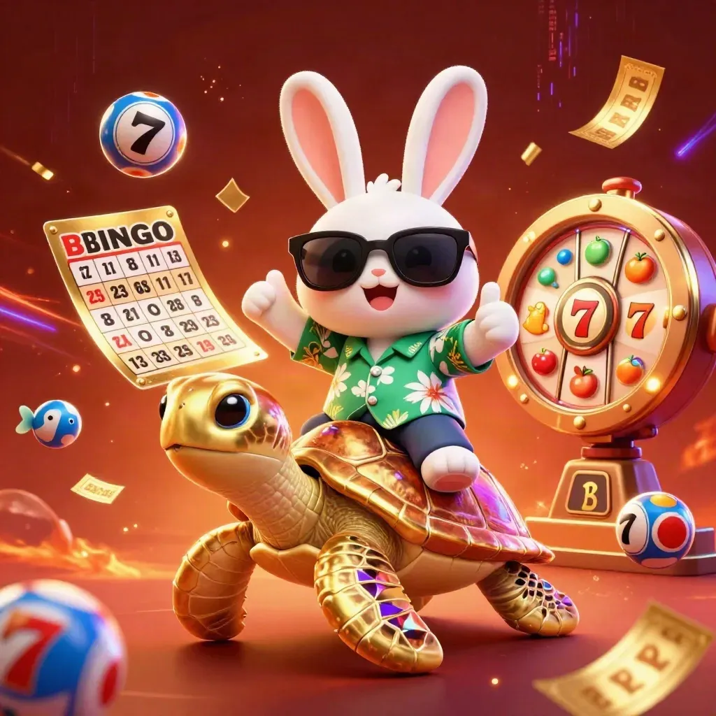 Rabbit in sunglasses rides a jeweled turtle amid casino charms, balls, reels and neon sparks.