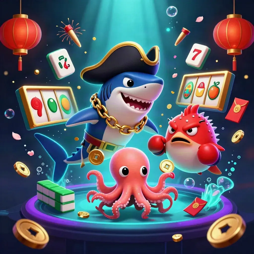 Pirate shark, boxing pufferfish, and juggling octopus amid casino symbols and glowing treasure