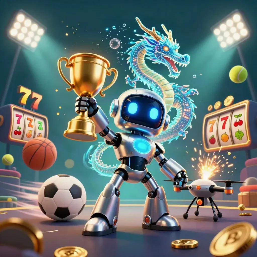 Chrome robot, holographic dragon and coin drone burst through casino treasure effects.